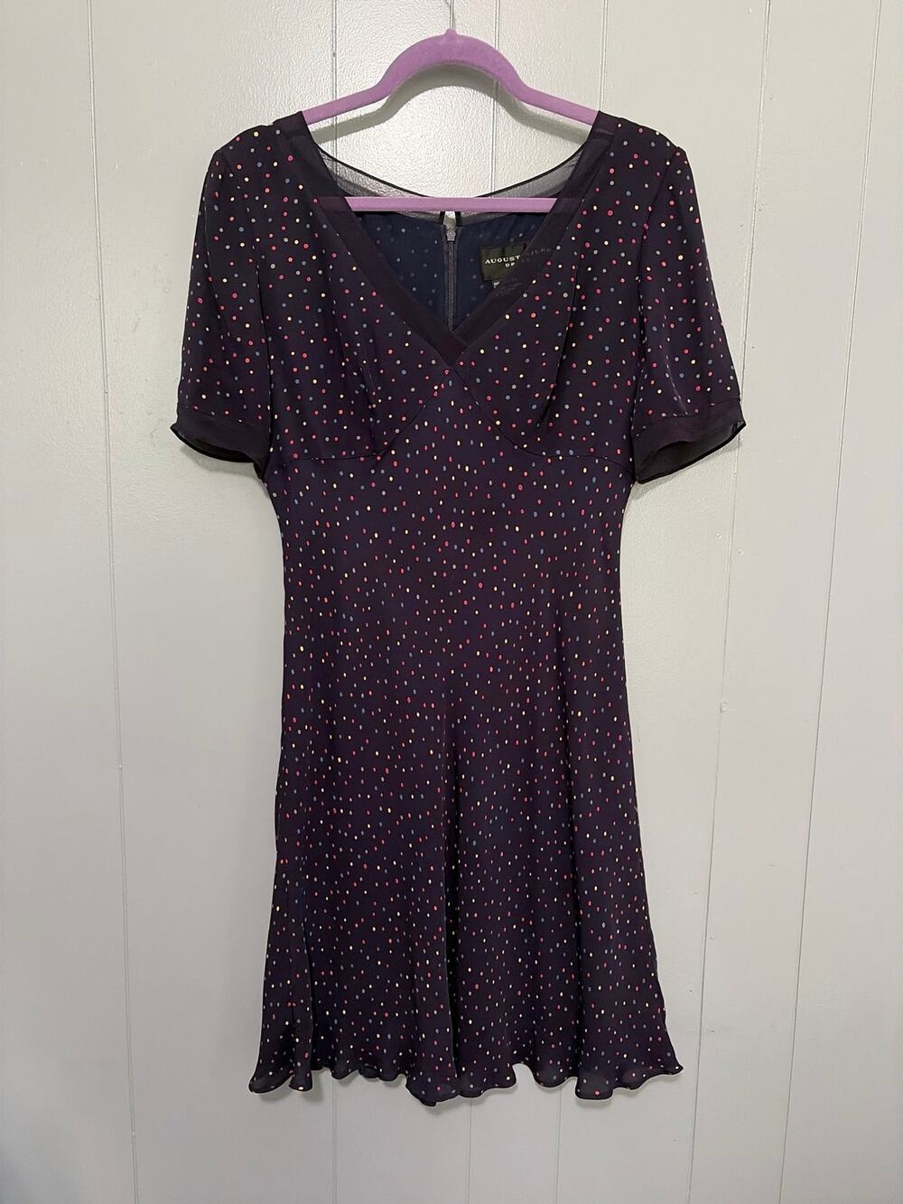 Vintage August Silk Navy Colorful Polka Dot Silk Sheath Retro 90s Y2K Dress 10